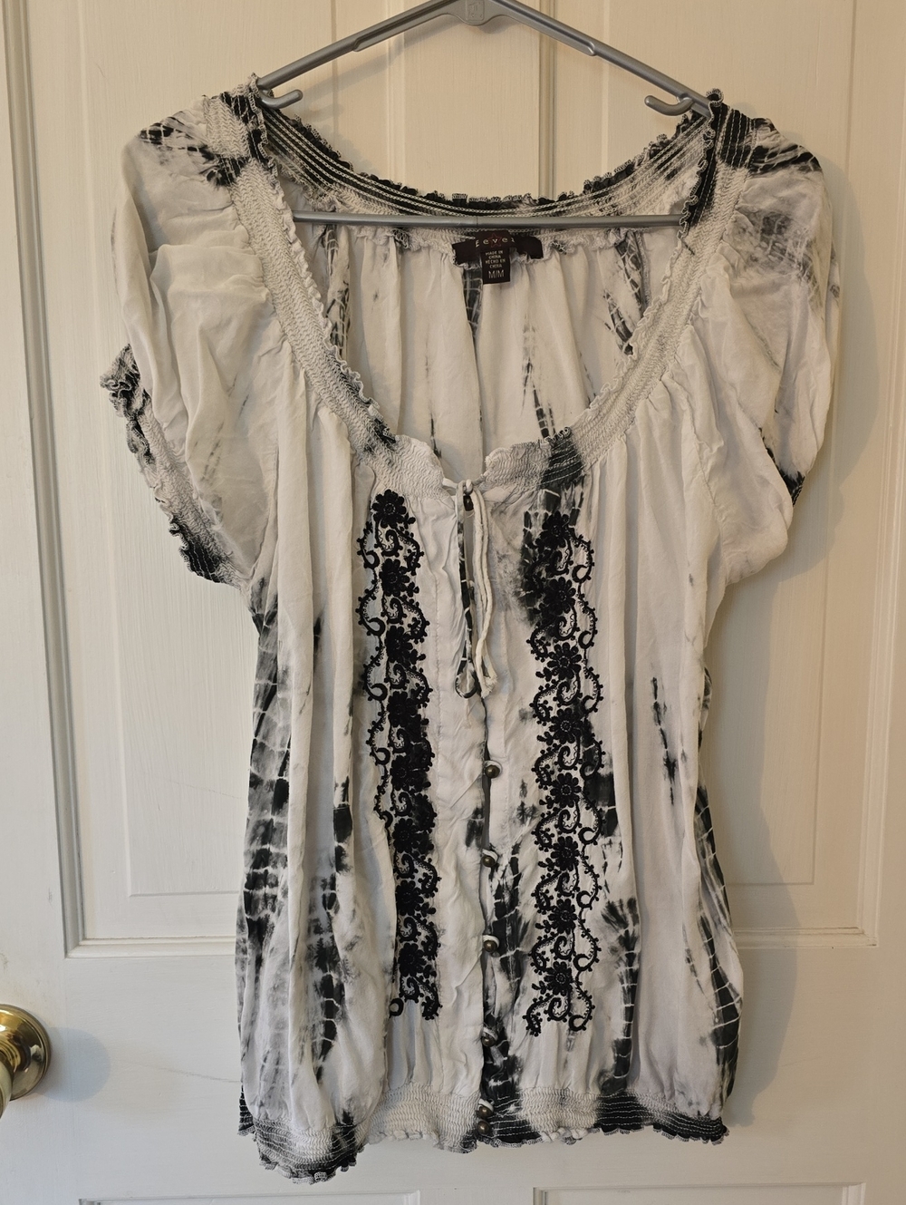 Fever White and Black Lace-Front Peasant Blouse Size M